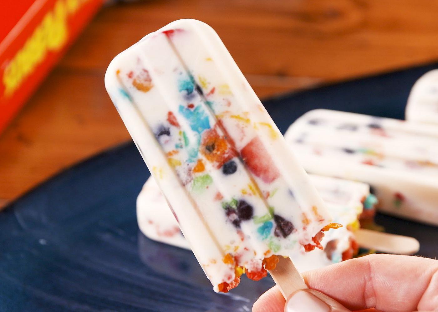 Frozen Fruity Pebbles yoghurt pops by Delish