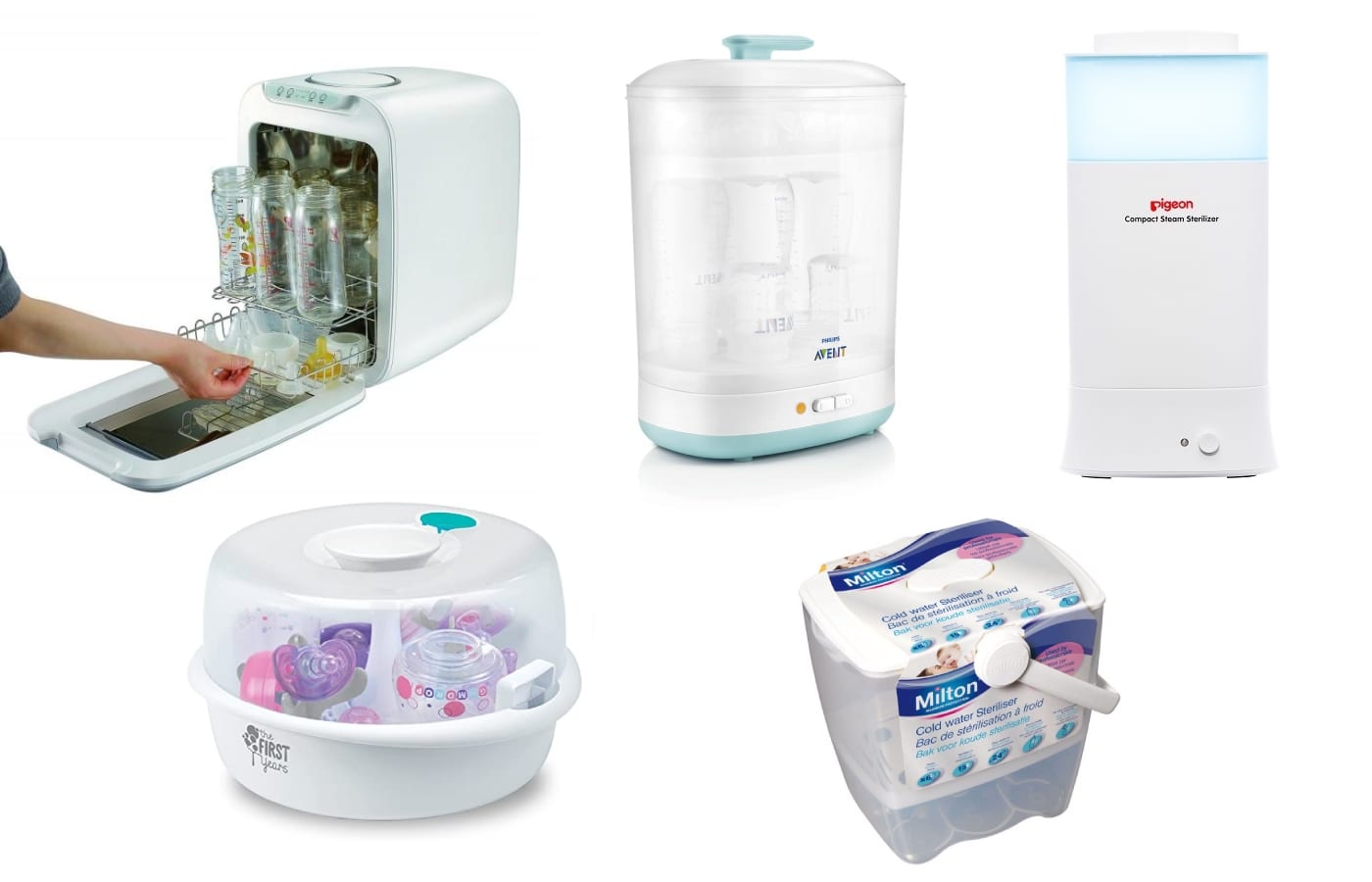 best sterilizers | Hanil UV Multi Sterilizer Dryer, Philips Avent 2-in-1 electric steam sterilizer, Pigeon Compact Steam Sterilizer, Milton Cold Water Steriliser and The First Years Simple Steam Microwave Sterilizer