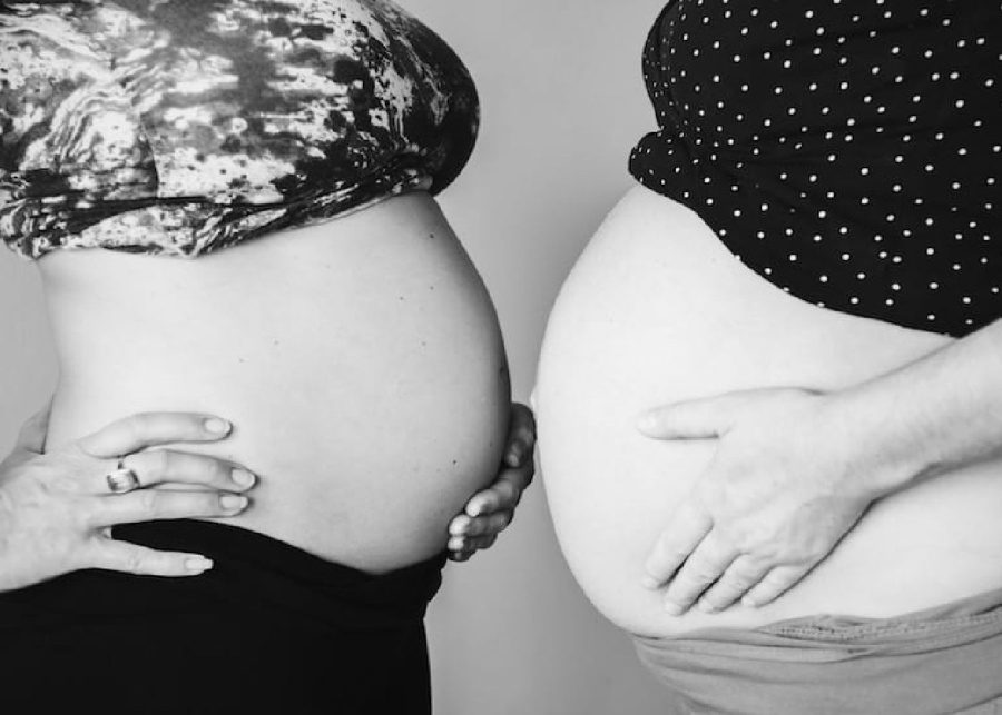 two pregnant women friends shares pregnancy books