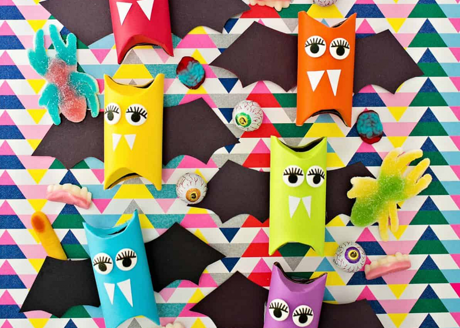 Rainbow paper tube bats | Halloween crafts for kids