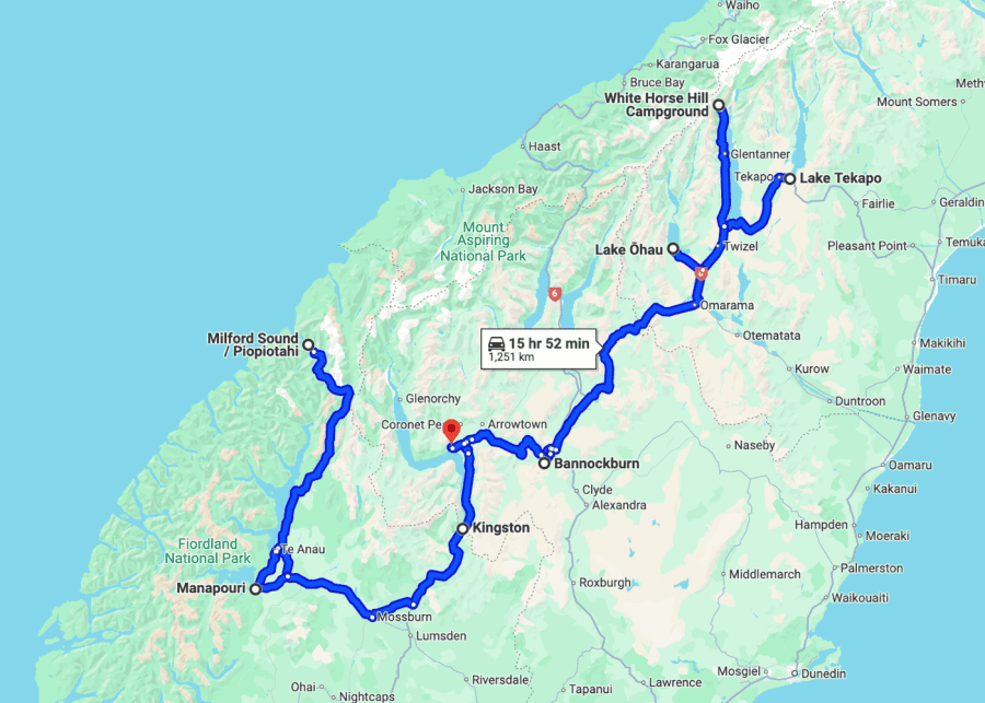 Map of 8 day family campervan trip around South Island New Zealand Chris Edwards